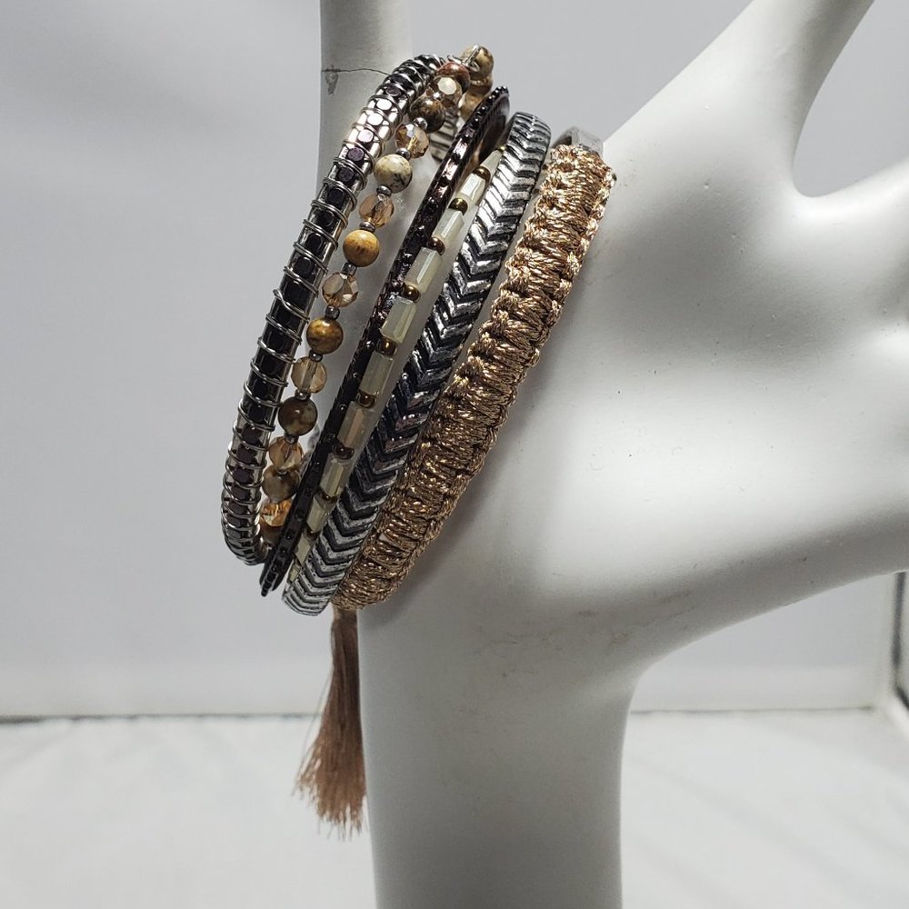 Festive multi color beaded 6pc bracelet / charms & tassel copper, silver, gold